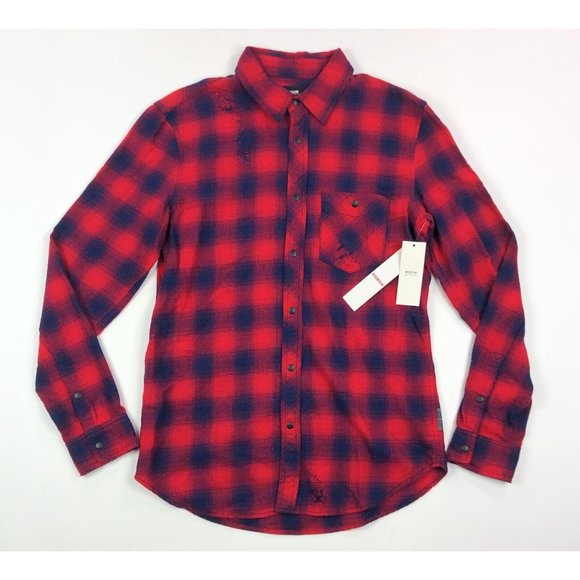 Hudson Jeans Other - Hudson Weston Men Medium Plaid Shirt Red Blue Long Sleeve Snap Button Distressed